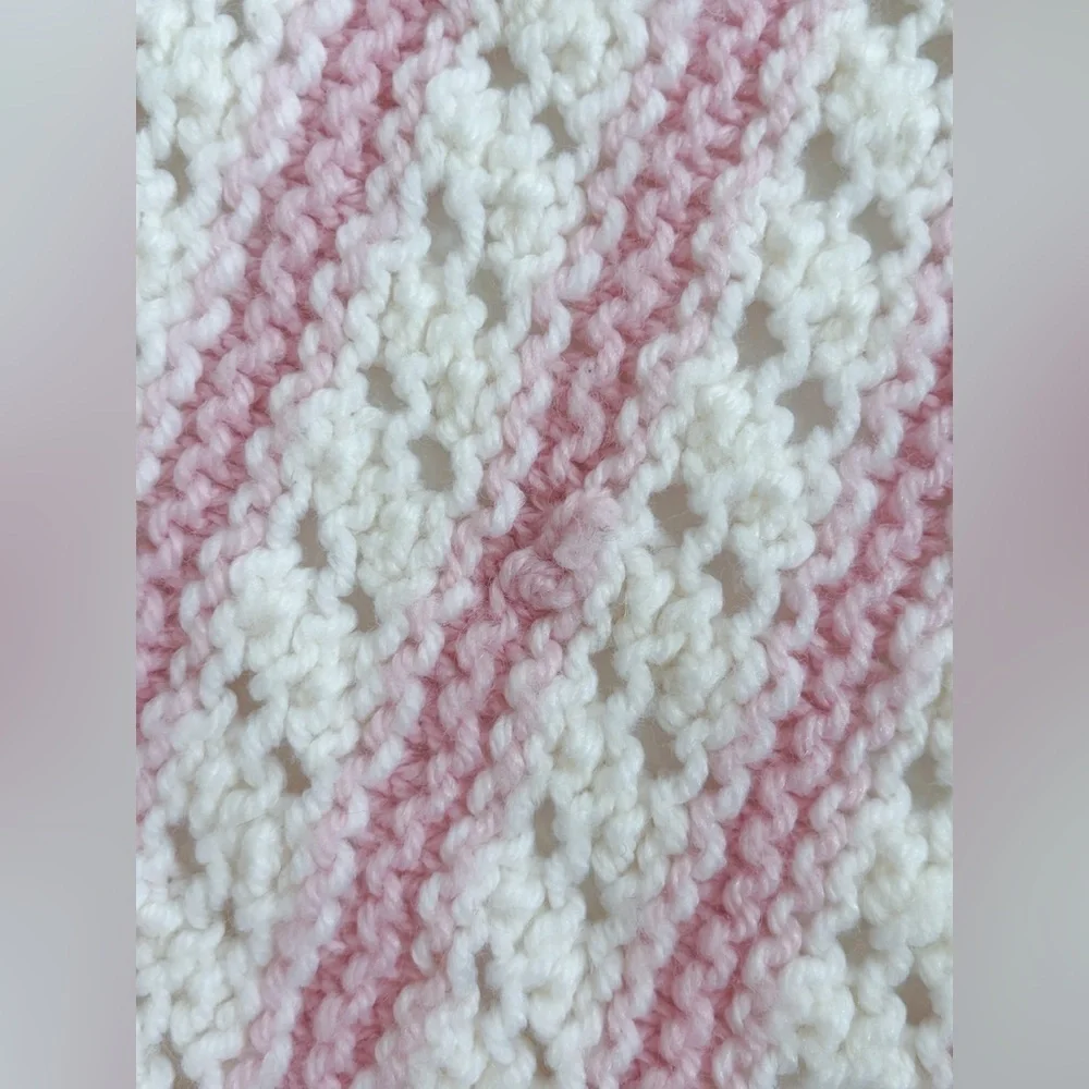 Pink White Crochet Baby Afghan Handmade Cottage Core Barbiecore Nursery